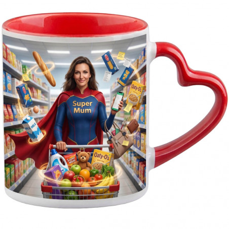 Tazza con manico a forma di cuore rosso personalizzata con effetto Super Mamma