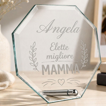 Trofeo ottagonale in vetro con incisione “Migliore mamma”