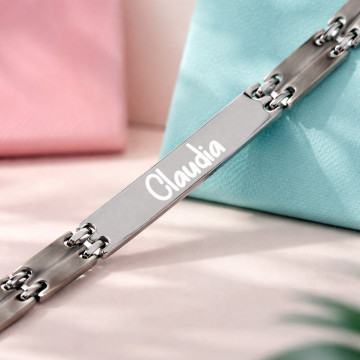 Bracciale inciso in acciaio maglia doppia