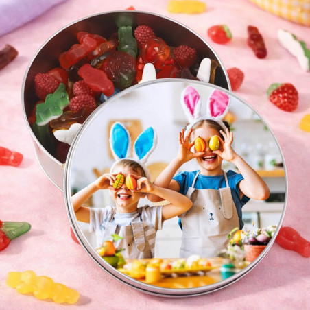 Scatola rotonda di caramelle personalizzata con foto