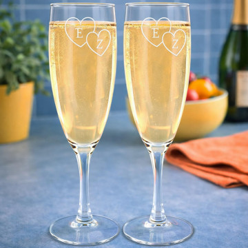 Set di 2 flûte da champagne con iniziali e cuori personalizzate