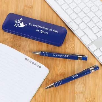 Cofanetto penna e portamine blu personalizzati Comunione o Battesimo