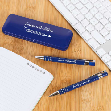 Cofanetto penna e portamine blu personalizzati per maestra
