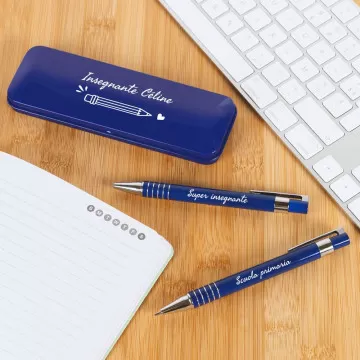 Cofanetto penna e portamine blu personalizzati per maestra